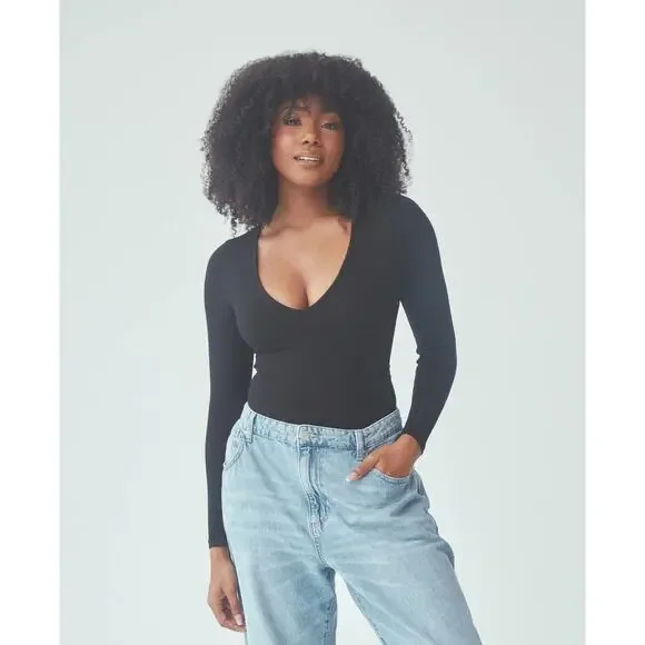 Klassy Network Minimalist Ribbed Bodysuit Black Fitted Long Sleeve V Neck L - Picture 2 of 7